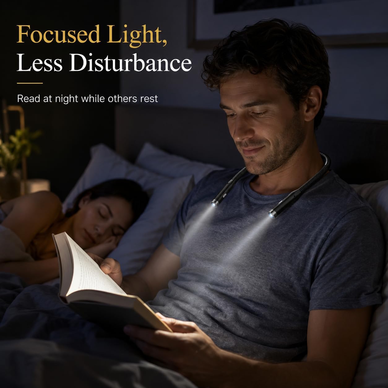 Neck Book Light, Black | Reading Lights for Books in Bed, 3-Level Brightness LED, Hands-Free, USB Rechargeable, Long-Lasting, For Reading