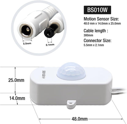Sensky BS010W Motion Sensor Light Switch - DC 12V to 30V PIR Motion Sensor with Adjustable Delay Time and Detection Distance - for LED Strip Lighting Systems and Indoor Security Detectors