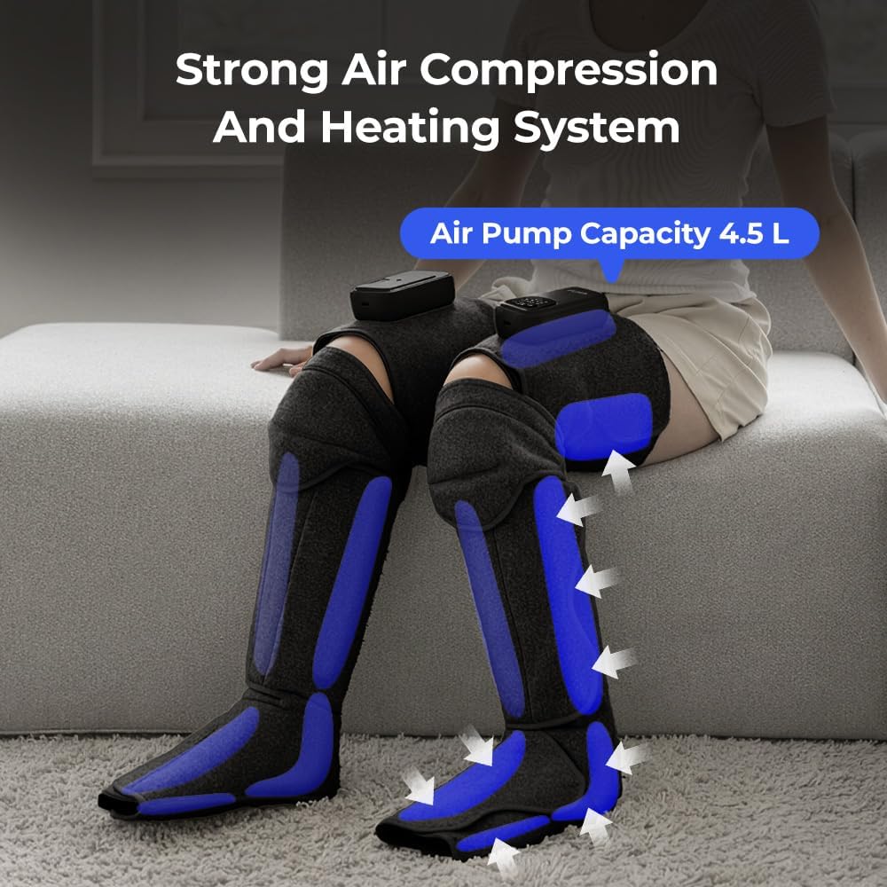 HubiCare Cordless Leg Massager with Heat and Air Compression for Circulation and Pain Relief, 5 Modes with 5 Intensities, Reduce Swelling, Muscles Relaxation Device (Black)