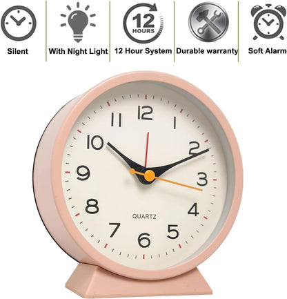 SHISEDECO Small Antique Retro Analog Alarm Clock, 4.5" Desk Clock, Pink | Small Silent Bedside Deskclock with Light Function, Non-Ticking Tableclock Decor for Living Room, Bedroom, Bedside, Shelf