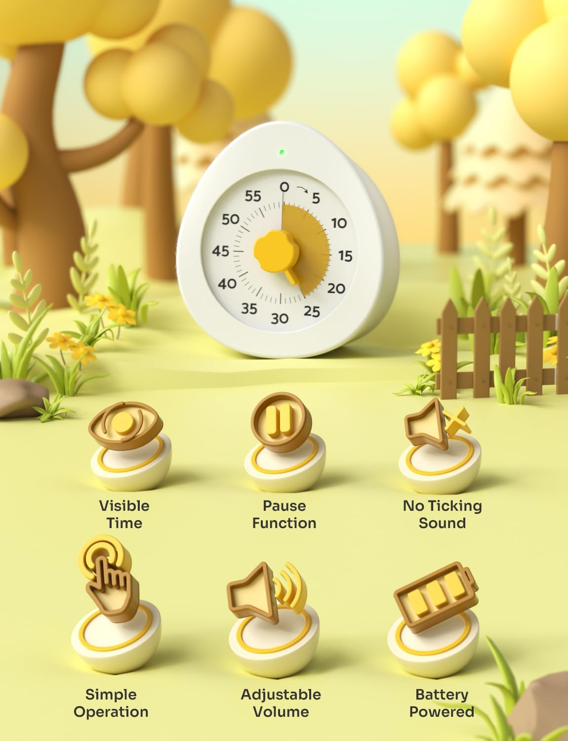LIORQUE Visual Timer for Kids with Pause, 60 Minute Countdown Timer, White | Non-Ticking, 3 Volume Levels, Back Magnetic, Two Ringing Durations, Light Indicator, for Classroom Kitchen Office ADHD