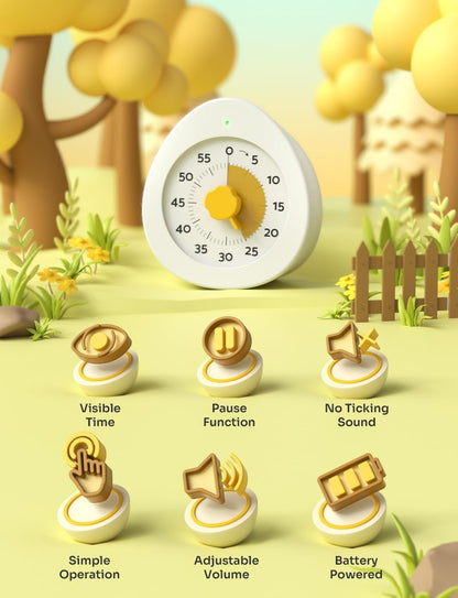 LIORQUE Visual Timer for Kids with Pause, 60 Minute Countdown Timer, White | Non-Ticking, 3 Volume Levels, Back Magnetic, Two Ringing Durations, Light Indicator, for Classroom Kitchen Office ADHD