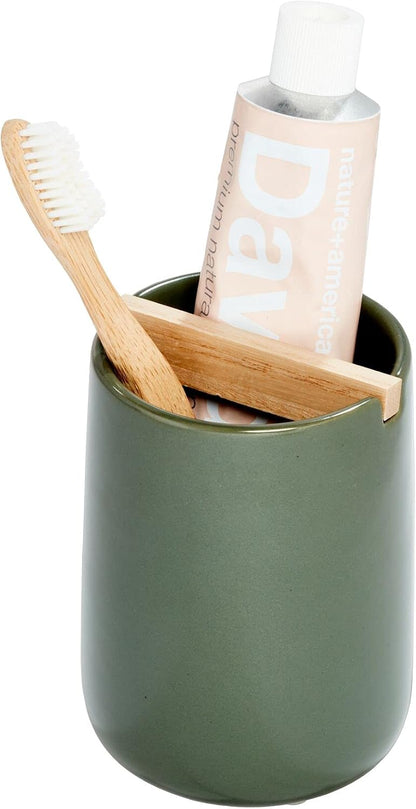 iDesign Ceramic Earth Collection Toothbrush Holder, Moss/Natural Wood | Paulownia Wood Divider