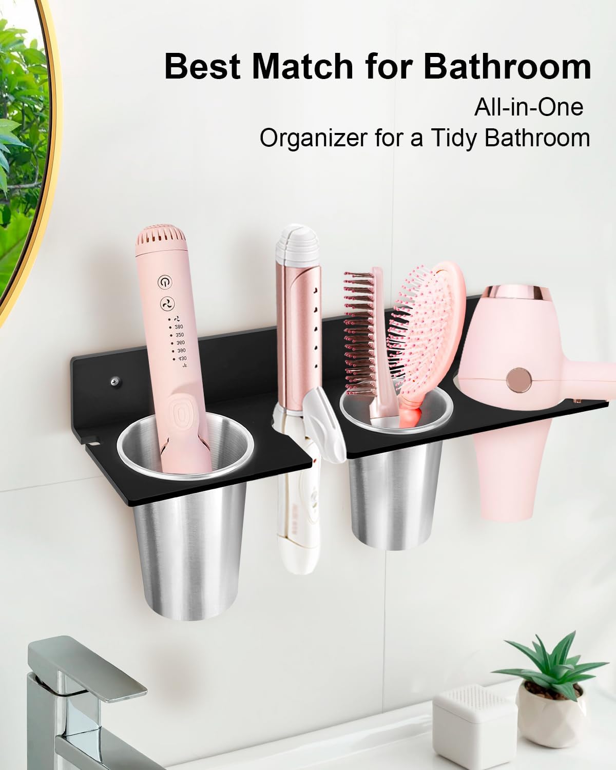 Hair Tool Organizer, Hair Dryer Holder with Heatproof Steel Cups, Acrylic Vanity Organizer for Curling Iron, Flat Iron & Hair Brushes, Perfect for Bathroom (White, Standard)
