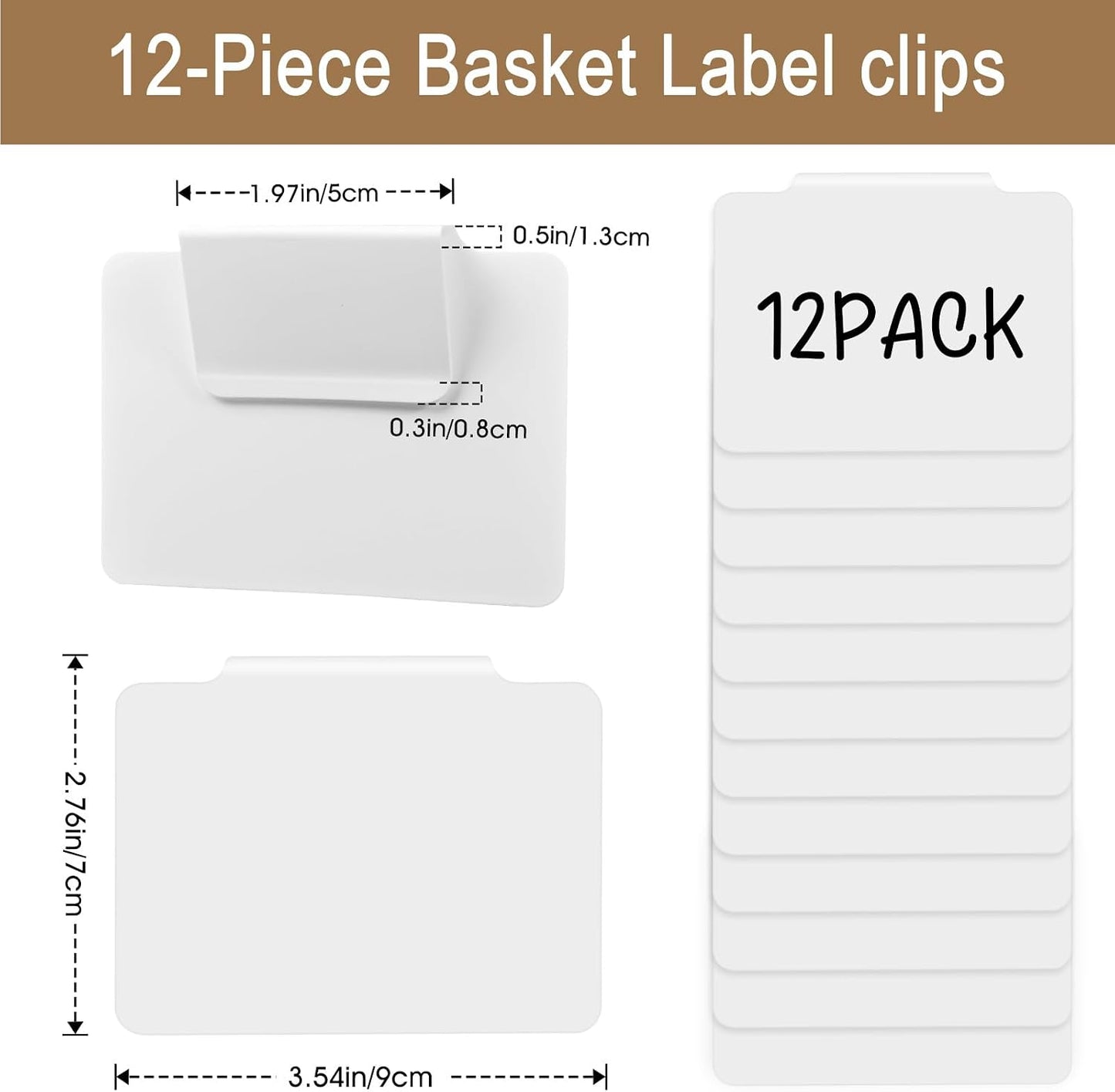12pcs White Basket Labels Removable PVC Labels | Clip On for Storage Bins, Removable PVC Labels for Baskets with Holders, 3.5x2.7 Inches