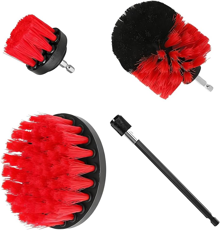 4PCS Drill Brush Attachment Kit with Extension Rod, Red | PP bristles with steel shafts, three brush sizes, quick-change extension rod, follows curved surfaces, compact storage