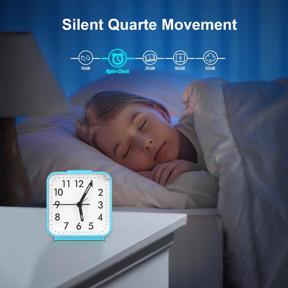 Analog Alarm Clock, Silent Non Ticking Table Clock, Travel Bedside Clock with Snooze, Night Light, Ascending Beep Sounds, Battery Operated Loud Small Clocks for Bedroom Travel Office, Black