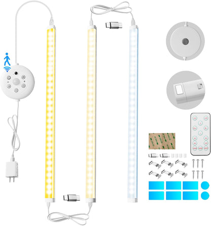 THLIFURE LED Cabinet Lights Bar with Motion Sensor, Dimmable Brightness and Color, IR Remote, Ultra Thin Strips Lighting Magnetic Mounting for Kitchen,Bookshelf,Closet 3Pack