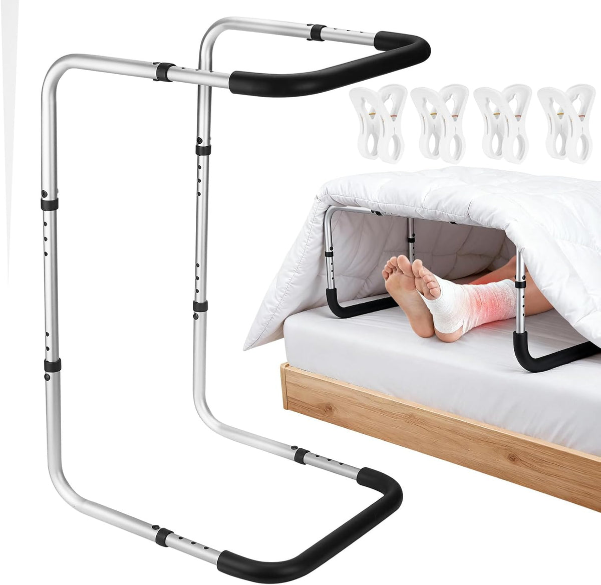 Blanket Lifter for Feet, Non-Slip Blanket Lifters for Foot of Bed, Adjustable Height with 4 Clips, Aluminum Bed Cradle for Feet Legs Ankles, Sleep Comfort & Surgery Recovery - Easy Assembly