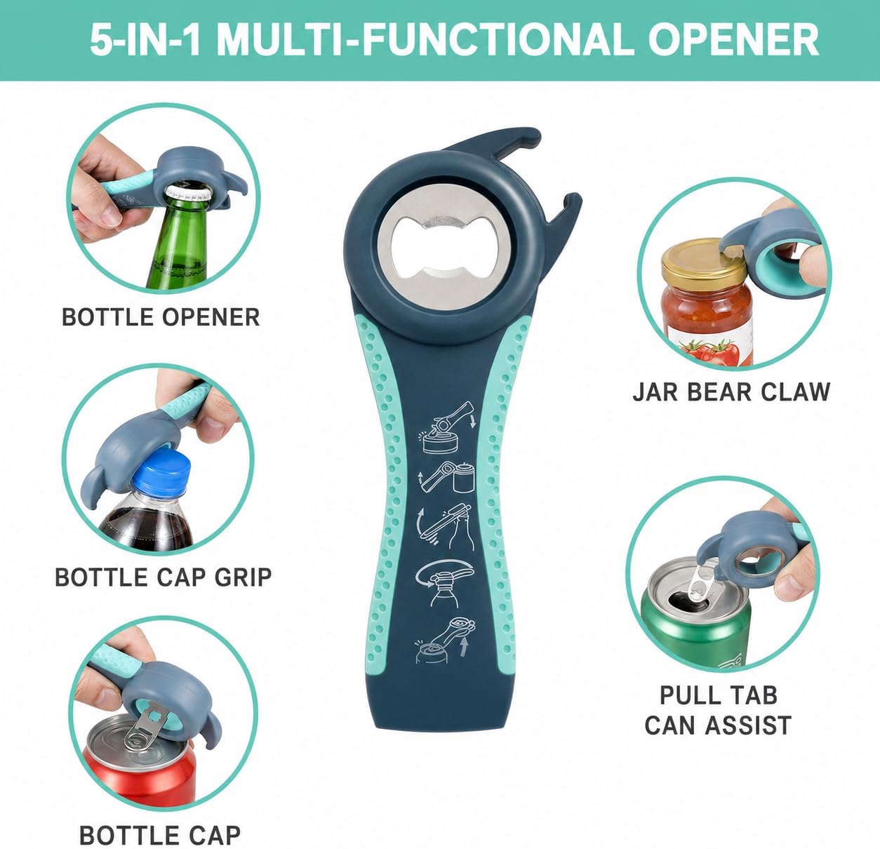 Jar Opener & Bottle Opener for Seniors, Arthritis, Weak Hands, Non Slip Lid Grip Remover, Effortless Twist,4-in-1 Multi Purpose Kitchen Tool(Blue)