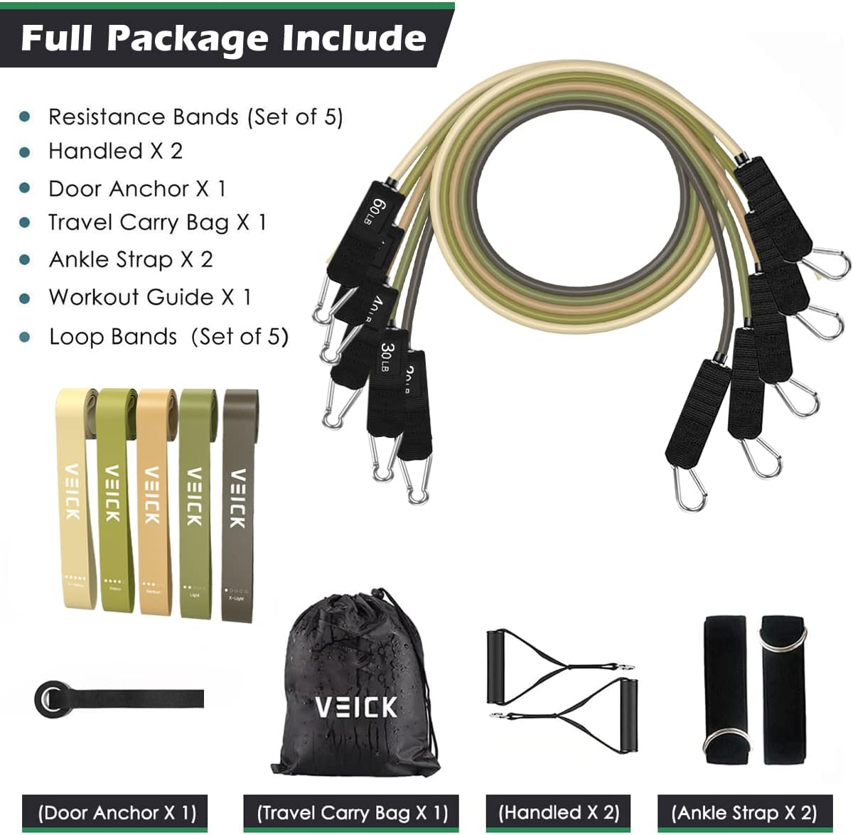 VElCK Resistance Bands Set with Handles for Exercise, Workout and Home Gym | 100% Natural Latex, 10-150LBS, Versatile for Yoga, Pilates, Strength, Home Gym