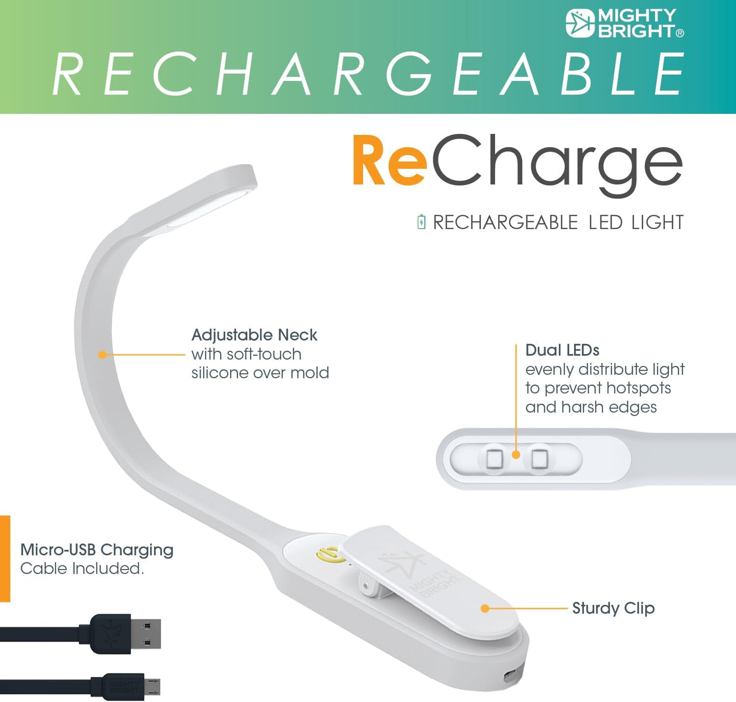 The Original Mighty Bright Recharge Clip On Rechargeable Book Light Reading Light, Warm Eye Care LEDs, Flexible, Durable, Dimmable, Perfect for Kids, Bookworms, Reading in Bed, Lasts 60 Hours (Green)