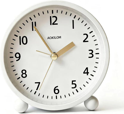 Analog Alarm Clock, Non-Ticking Silent Travel Small Clock, Battery Operated with On-Demand Light, Easy Set Gentle Wake, Ideal Decor for Bedroom, Bedside, Desk,Office(White)