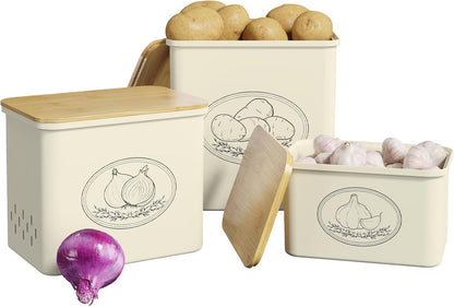 Lifewit Plastic Potato and Onion Storage Bin Box, Set of 3, White | Stackable Garlic Keeper, Vegetable Container Box, Aerating Holes & Lid for Pantry Countertop