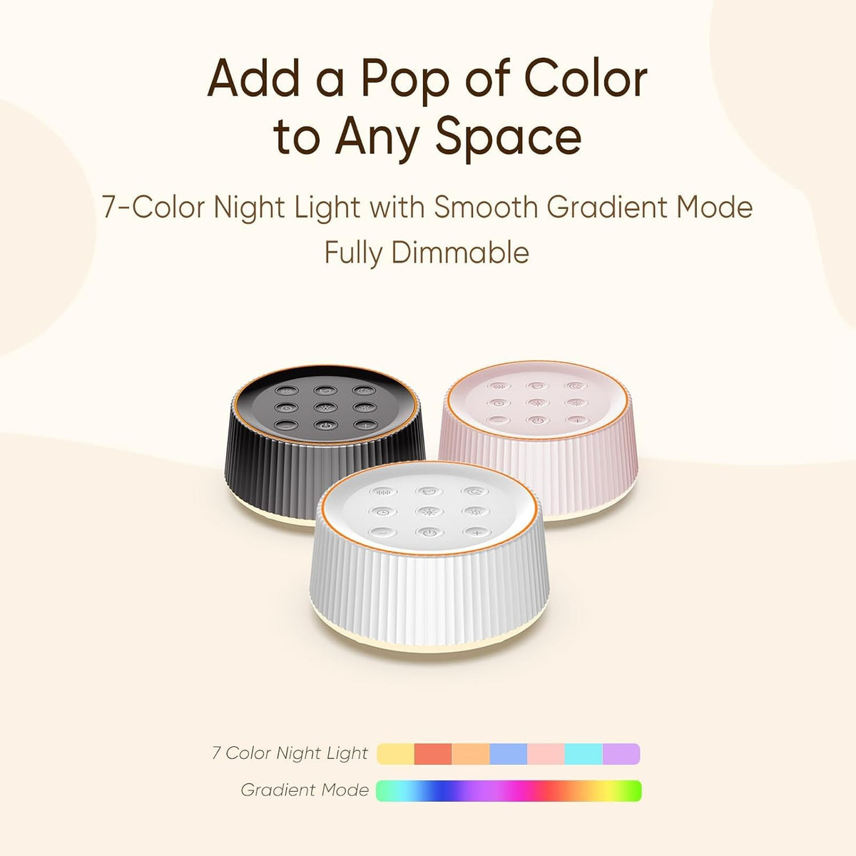 Noise Machine, White Noise Sound Machine for Baby & Adults, 26 Soothing Sounds, 8 Night Light Colors, Tap Control, 6 Timer Settings, Auto-Off & Memory, 4-7-8 Breathing (Black, Standar)