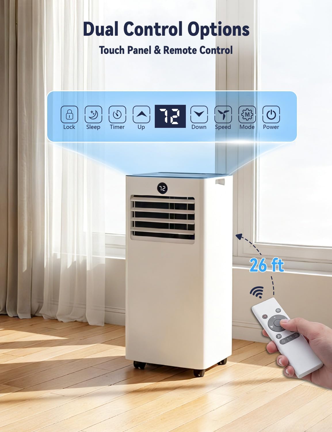 14000BTU Portable Air Conditioner, 4-in-1 700 Sq. Ft, Quiet for room | 14000BTU AC cools 700sq.ft, 4-in-1 cool/fan/dry/sleep, quiet, LED, remote, 24H timer, kit, for bed/office/dorm.
