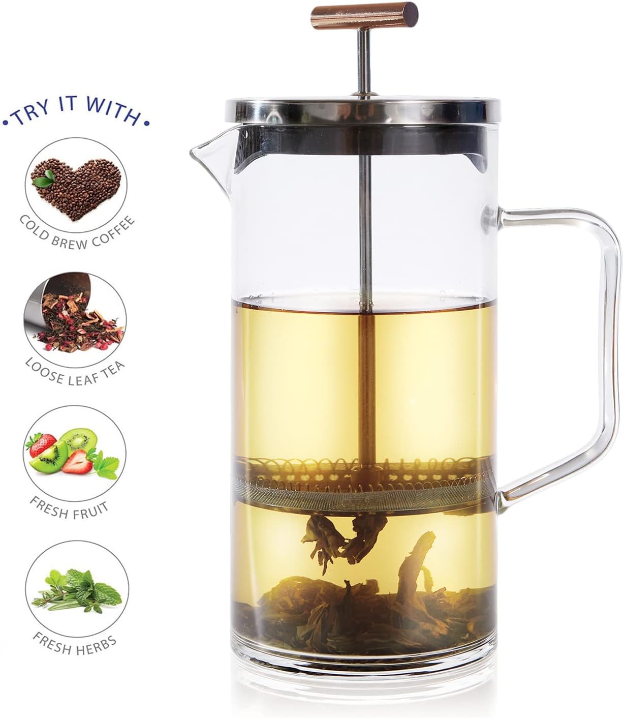 Teabloom Tea Press with Copper Pull Handle and Stainless Steel Filter – Tea Connoisseur's Choice – Pekoe Tea Maker, 34-Ounce