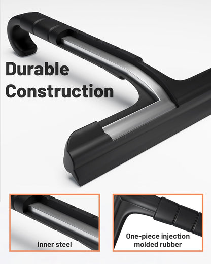2-in-1 Silicone Shower Squeegee with Hook,Dual-Sided Design with Scraper & Scrub Surface,Rust-Proof Stainless Core,Streak-Free Bathroom Squeegee for Glass Doors,Mirrors,Windows,Car Windshields (Black)