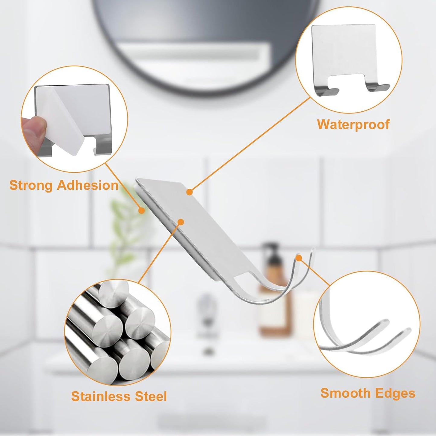 MOROBOR 4 Pcs Shower Squeegee Adhesive Hook, All-Purpose Scraper Holders Towel Hooks Stainless Steel Waterproof Storage Hook Bath Accessories for Kitchen & Bathroom（Black）