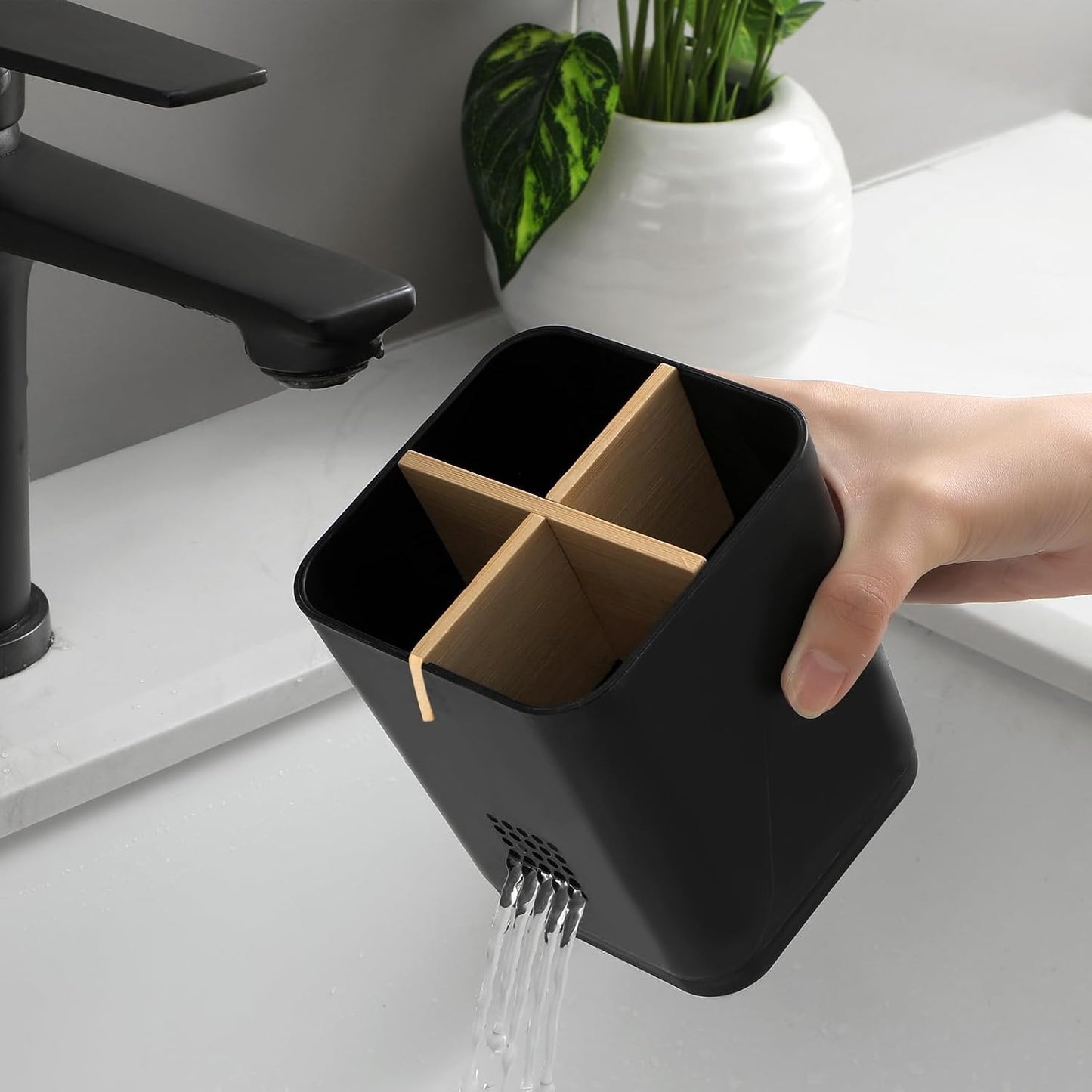 Electric Toothbrush Holder Tooth Brush and Toothpaste Organizer, Black | 3 Slots, Drainage Holes, Removable Bamboo Divider, Ventilation Design, Space-Saving, for Bathroom Countertop, Shower, Vanity