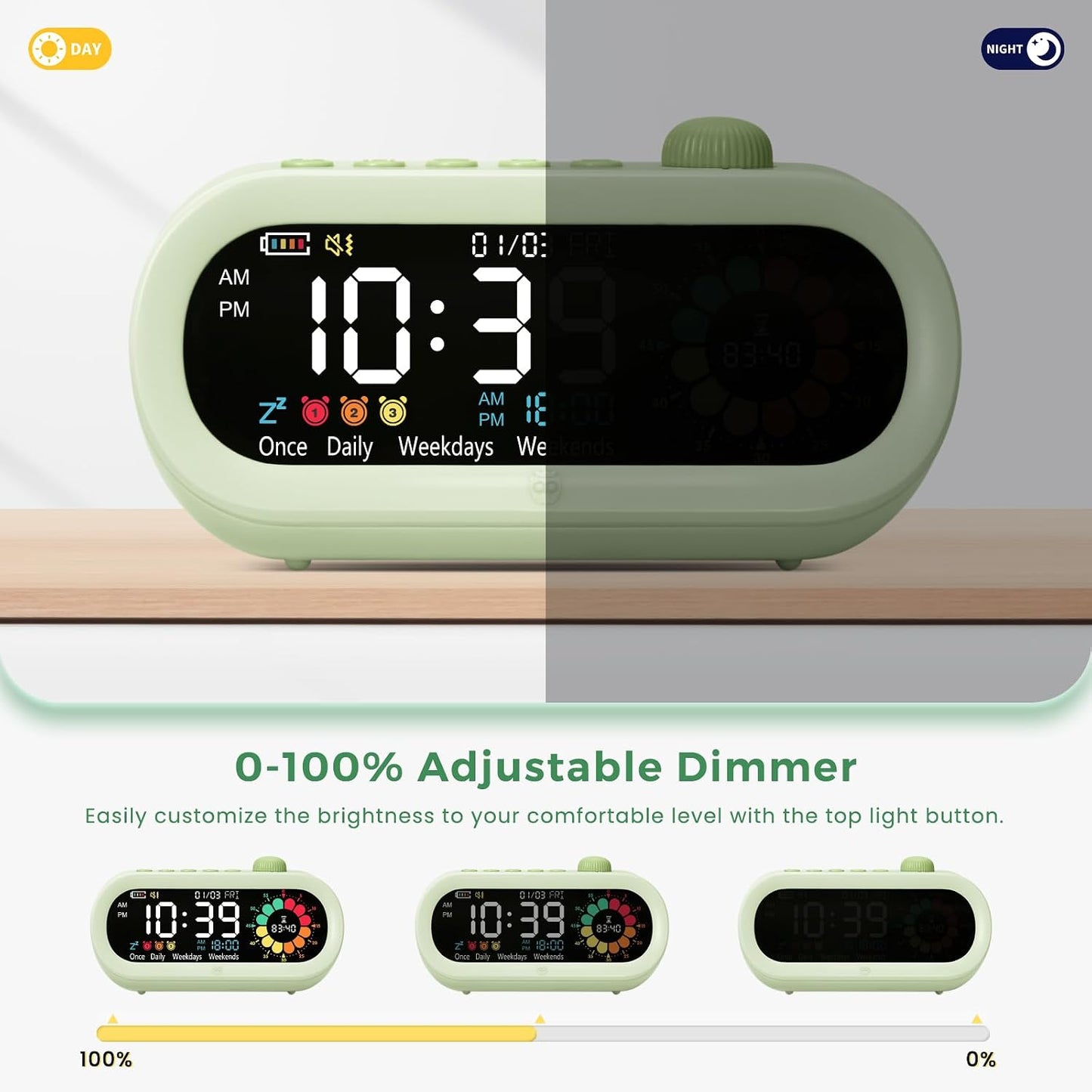 Mooking 3 in 1 Digital Alarm Clock for Bedroom with Visual Timer for Kids | Rechargeable Clock with Multiple Alarms, 199-Minute Timers Silent Non Ticking, Time Management Tools for Home School Study