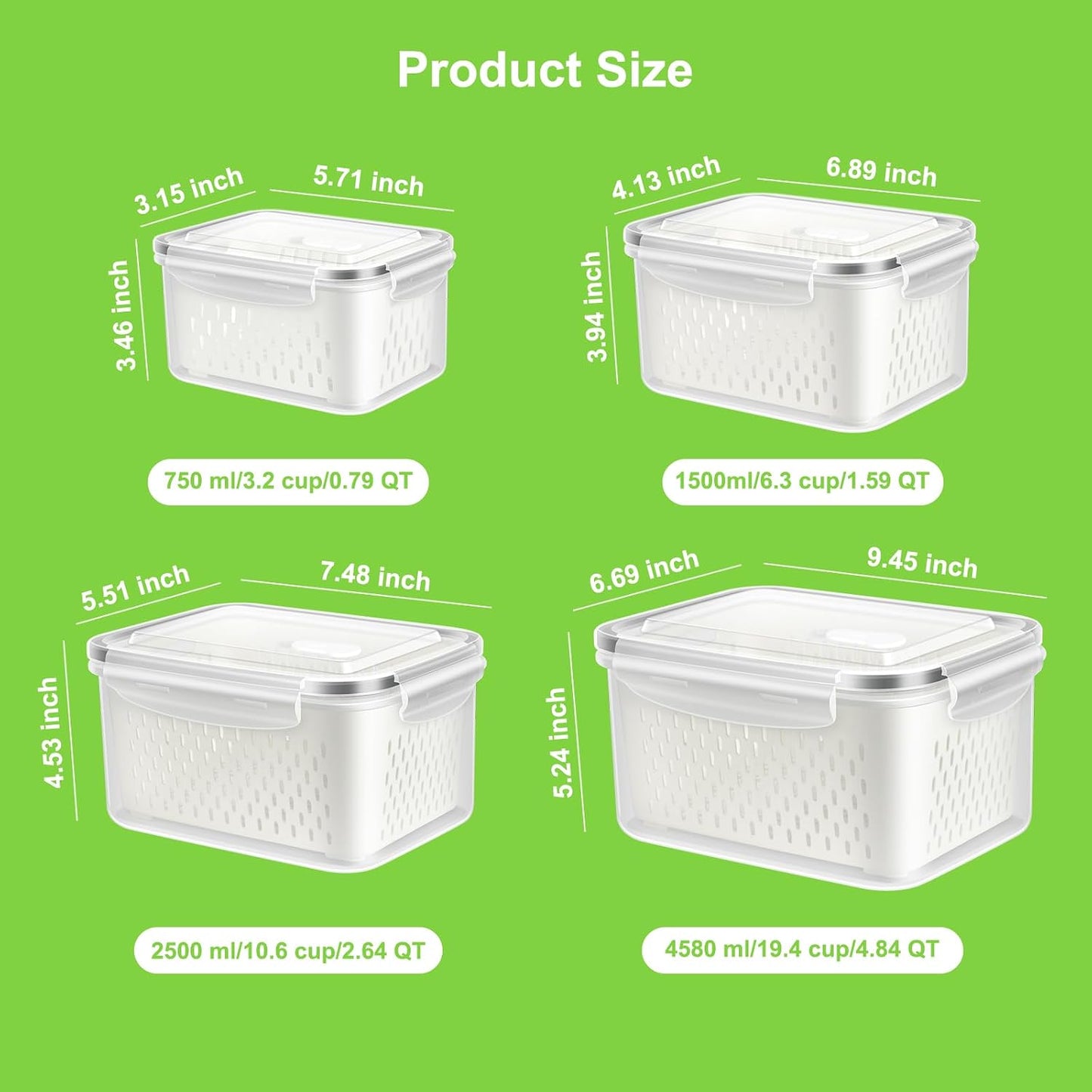 8 Pieces Fruit Storage Containers for Fridge with Lids and Strainer | 4Pack Fruit Containers for Fridge, Fresh Produce Saver Keeper for Vegetable Fruit Salad, BPA Free Organizer for Refrigerator