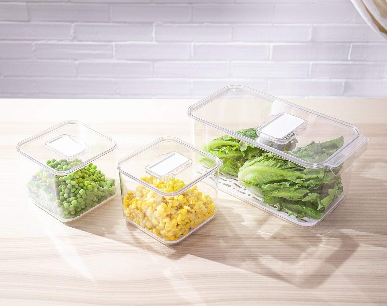 Fridge Produce Saver Food Storage Bin Containers, Stackable Refrigerator Freezer Organizer Fresh Keeper Container with Vented Lids, 3 Pack