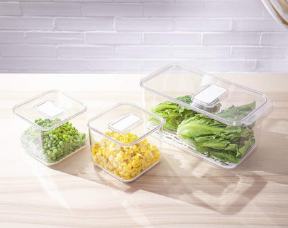 Fridge Produce Saver Food Storage Bin Containers, Stackable Refrigerator Freezer Organizer Fresh Keeper Container with Vented Lids, 3 Pack
