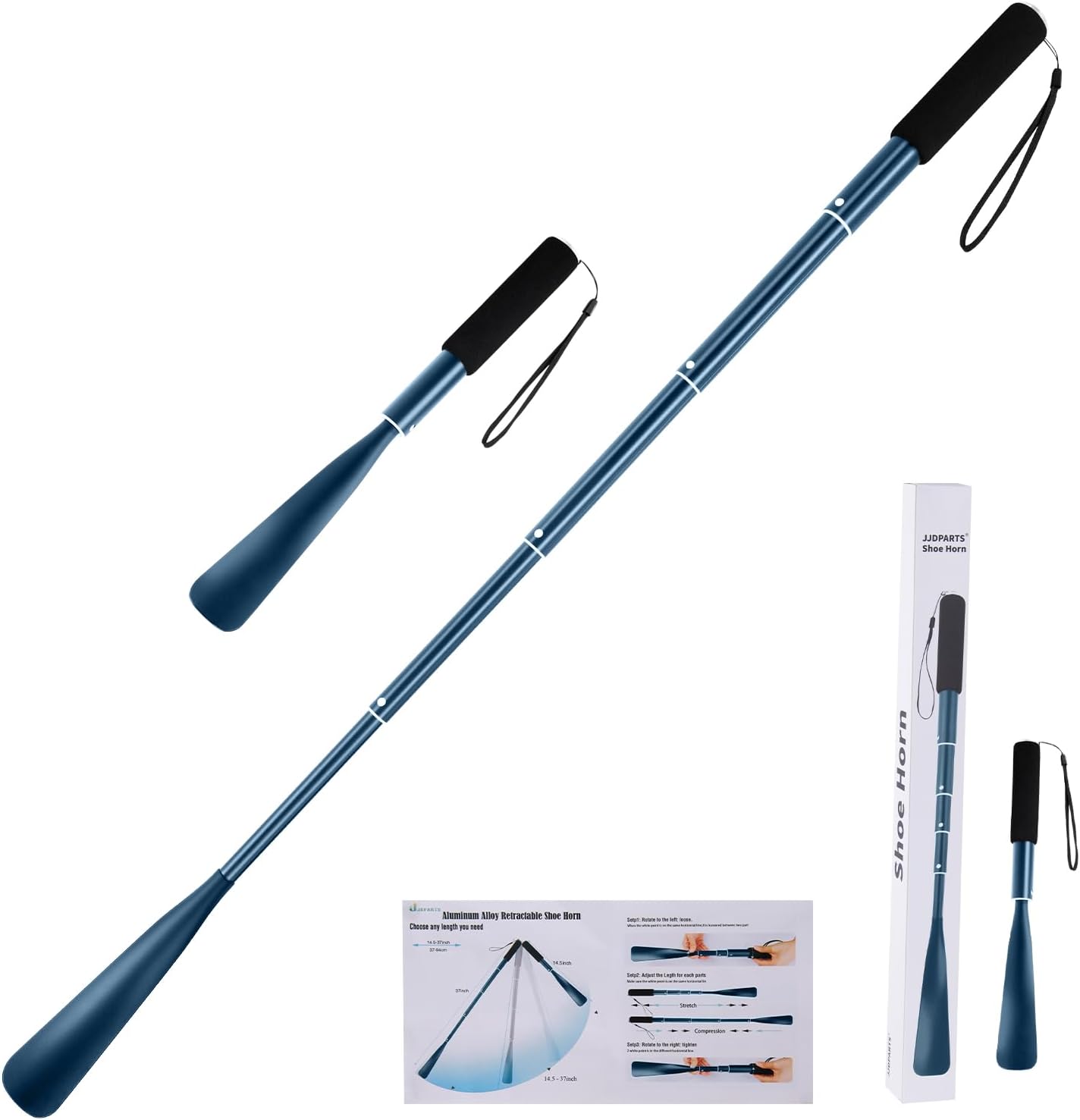 JJDPARTS Shoe Horn Long Handle,14.5"-37" Retractable Shoe Horn,Aluminum Shoe Horn For Men Women Kids Seniors