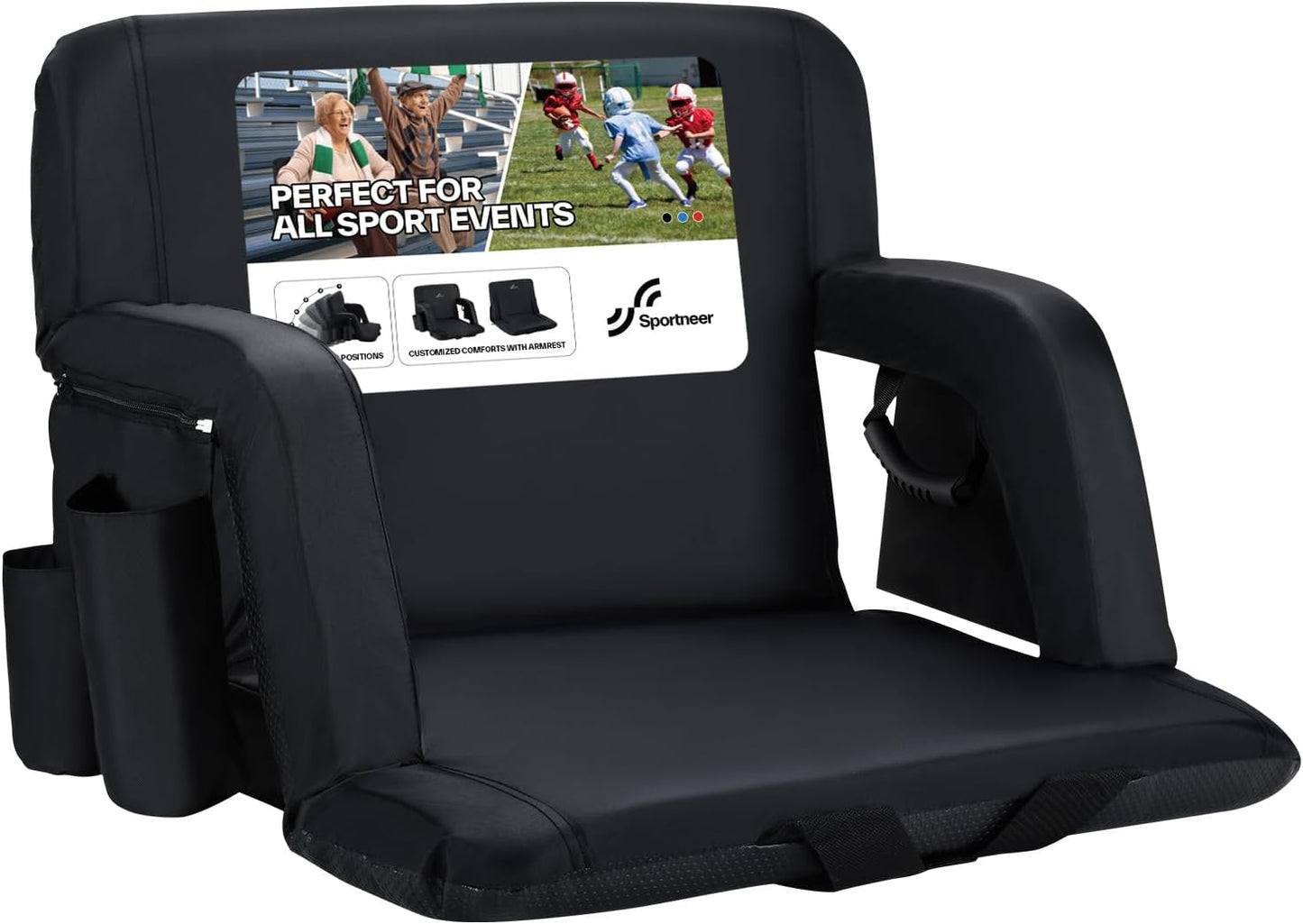 Sportneer Stadium Seats with Back Support: 2.5'' Thick Comfy Cushion 6 Adjustable Angle Bleacher Seat with Armrest - 2 Large Pockets, 2 Cup Holders Stadium Chair for Sport Events Concerts Parks