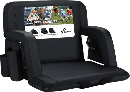 Sportneer Stadium Seats with Back Support: 2.5'' Thick Comfy Cushion 6 Adjustable Angle Bleacher Seat with Armrest - 2 Large Pockets, 2 Cup Holders Stadium Chair for Sport Events Concerts Parks