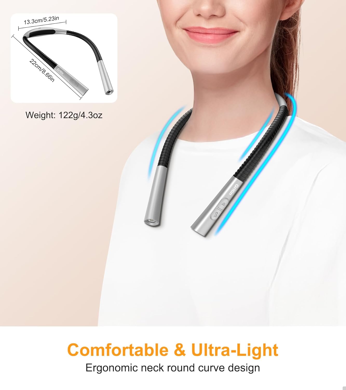 Gritin Book Light, Eye Caring 4-Color&5-Brightness Neck Light Reading Light | Stepless Dimming, 30-min Timer, 80+ Hrs Runtime, Bendable Round Neck Design, Lightweight for Reading, Knitting, Repairing