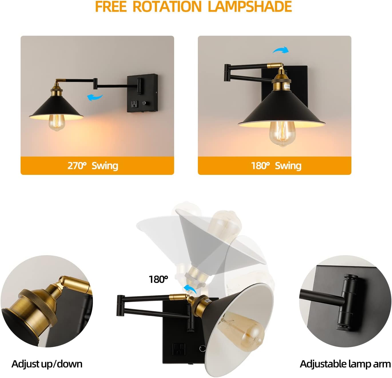 Bedside Wall Mount Light with Dimmable Switch and Outlet, Swing Arm Fabric Shade Wall Sconce Light with USB Port and Plug in Cord, Black Wall Lamp for Bedroom, Living Room and Hotel