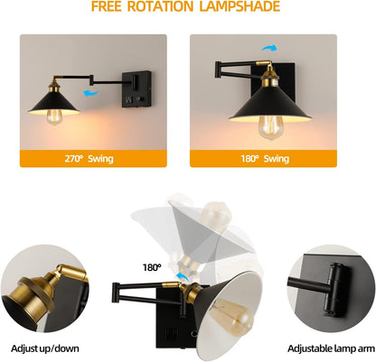 Bedside Wall Mount Light with Dimmable Switch and Outlet, Swing Arm Fabric Shade Wall Sconce Light with USB Port and Plug in Cord, Black Wall Lamp for Bedroom, Living Room and Hotel