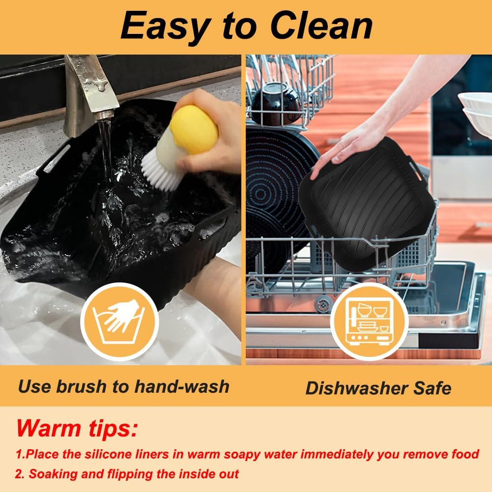 BYKITCHEN 9 Inch Square Silicone Air Fryer Liners for 6 to 8QT, Set of 2, Reusable Silicone Airfryer Tray Insert, Air Fryer Accessories for Corsori 6QT, Ninja Airfryer Pro XL 6.5QT, Gourmia & More