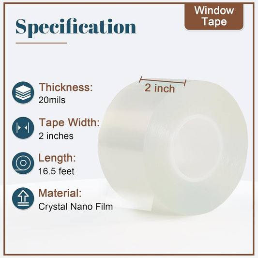 Window Sealing Tape 2 Inch x 33 Ft Transparent Window Insulation Waterproof Nano Draft Isolation Tape Clear Weather Stripping Caulk Tape for Window and Bathroom Shower Glass Side Gaps