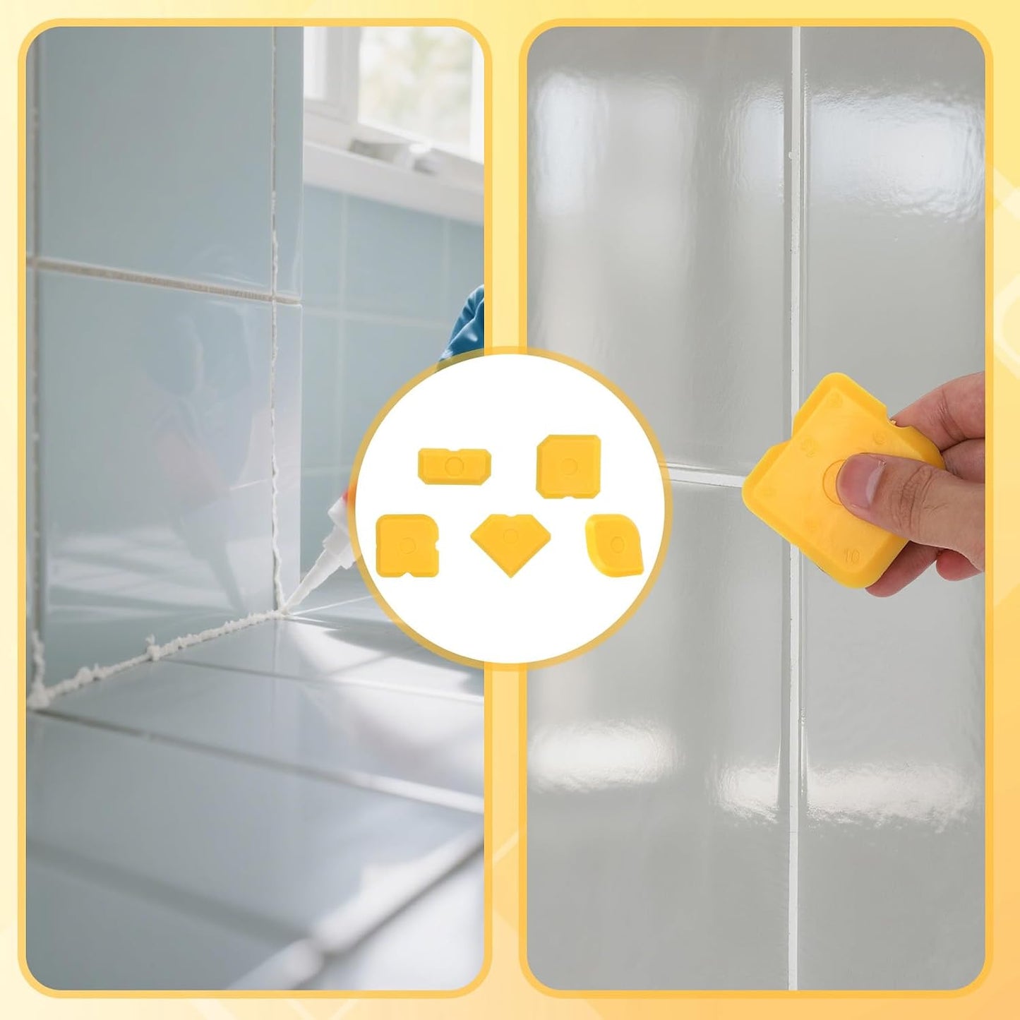 10pcs Silicone Cramer Spreader Caulking Tool Kit, Sealant Profiling Finishing Smoothing Tool Caulk Remover Grout Scraper Mastic Applicator for Kitchen Bathroom Floor Window Sink (Yellow)