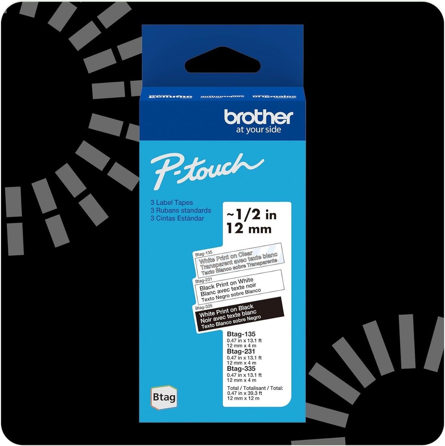 Brother Genuine P-Touch Btag BTAG231 Black on White Label Tape ~1/2in by 13.1ft (12mm x 4m). (Works Only with Brother PT-N10, PT-N20, PT-N25BT Label Makers)