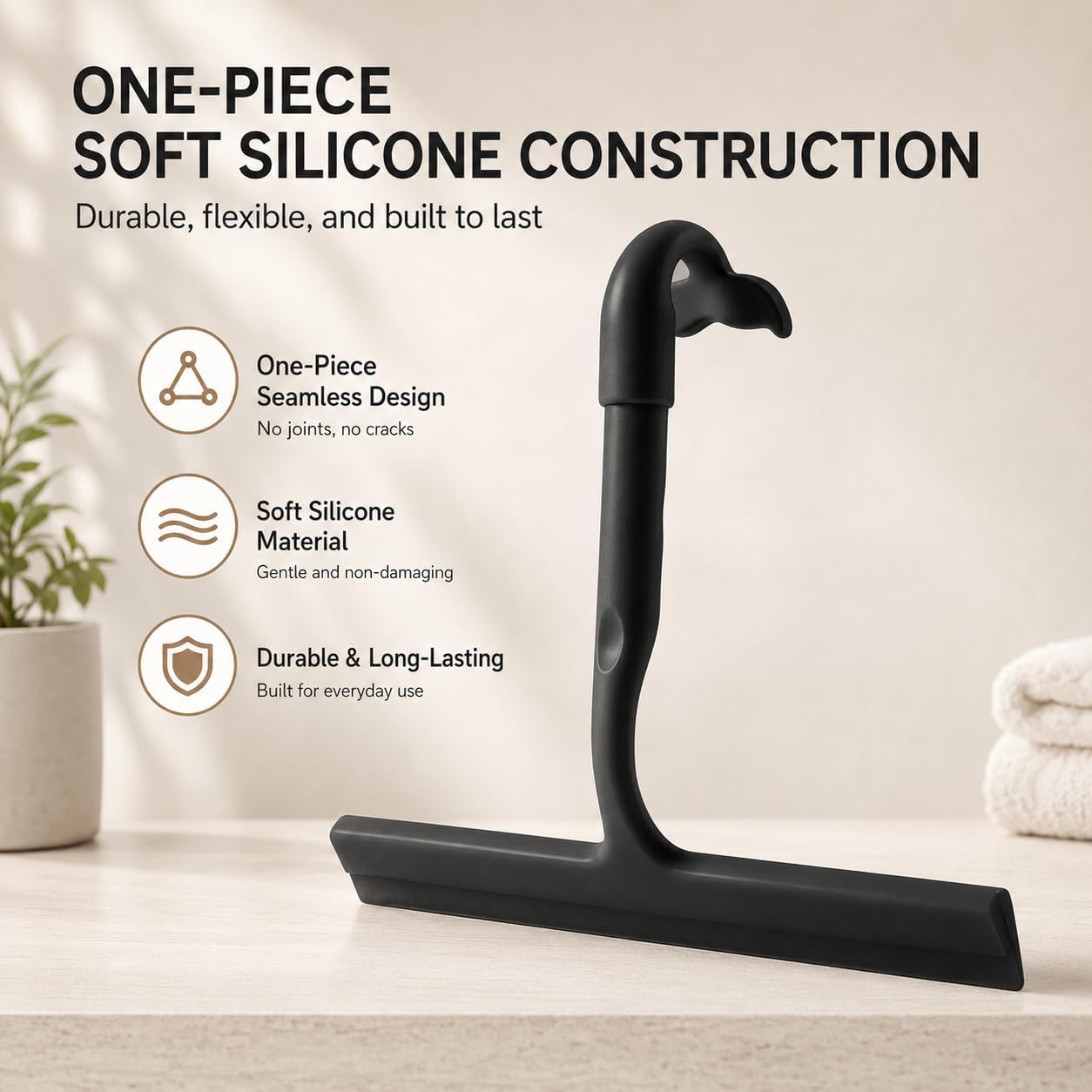 Shower Squeegee for Glass Doors, 8-Inch Silicone, Fishtail Hook, Black | One-Piece Silicone Squeegee for Shower Glass, Fishtail Hook, Non-Slip Grip, Quiet Glide; Tile, Mirrors, Windows & Car Glass