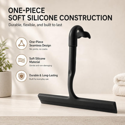 Shower Squeegee for Glass Doors, 8-Inch Silicone, Fishtail Hook, Black | One-Piece Silicone Squeegee for Shower Glass, Fishtail Hook, Non-Slip Grip, Quiet Glide; Tile, Mirrors, Windows & Car Glass
