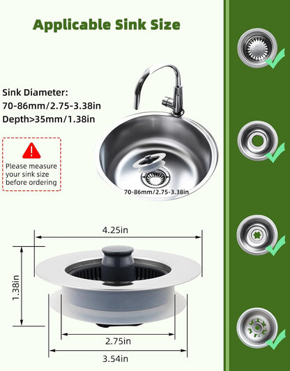 Universal 3 in 1 Kitchen Sink Drain Strainer Stopper Combo, Matte Black | Stainless Steel Shell Pop Up Sink Stopper for US Standard 3-1/2 inch Drain Filter, Anti-Clog and Easy Clean