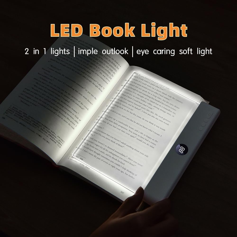 Choudao LED Book Light & Night Light 2 in 1, Flat Reading Light, Black | 3 Color Temperatures & Stepless Dimming, USB Rechargeable Full Page Light with Timer for Night Reading in Bed