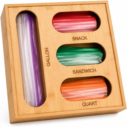 6-in-1 Bamboo Kitchen Drawer Organizer for Storage Bag, Foil & Plastic Wrap | Saran Wrap Dispenser with Cutter, Plastic & Grocery Bag Holder, Bamboo Drawer Organizer, Gallon/Quart Storage Bags