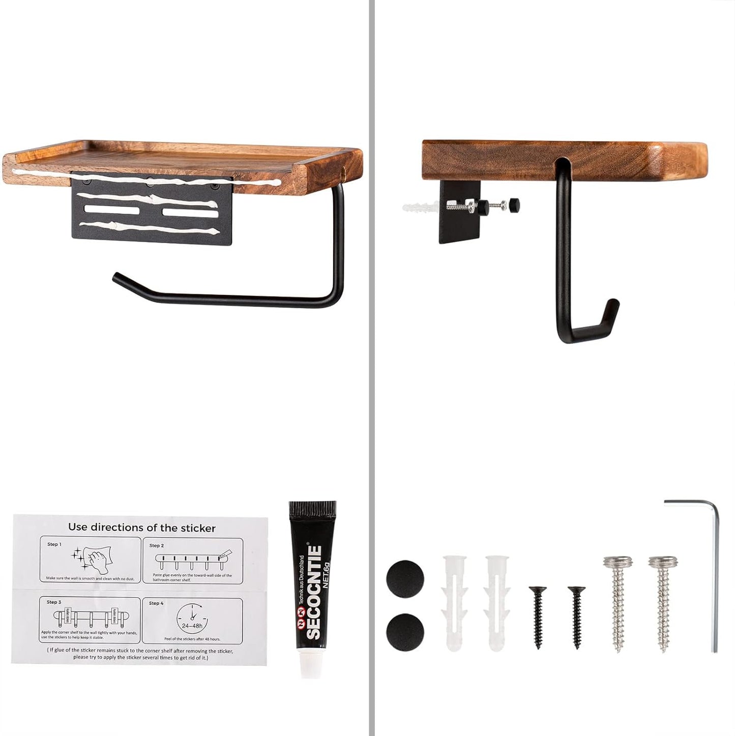 Toilet Paper Holder with Shelf: Wall Mount Bathroom Tissue Storage | Acacia Wood Shelf w/Adhesive/Screw - Matte Black Aluminum Alloy Bathroom Accessories Wood Shelf for Phone Wipes