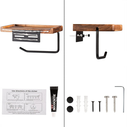 Toilet Paper Holder with Shelf: Wall Mount Bathroom Tissue Storage | Acacia Wood Shelf w/Adhesive/Screw - Matte Black Aluminum Alloy Bathroom Accessories Wood Shelf for Phone Wipes