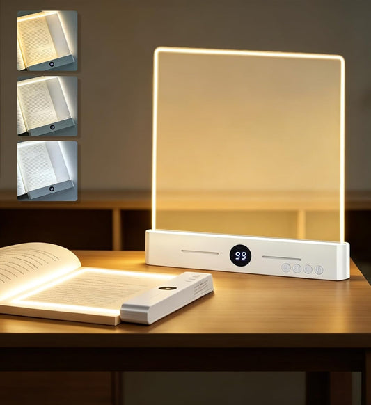 LED Book Light and Night Light, 3 Color Temperatures & Stepless Dimming | Large Eye-Caring Clear Flat, USB Rechargeable, Reading in Bed at Night for Book Lovers, Students (8.4" x 7.3")