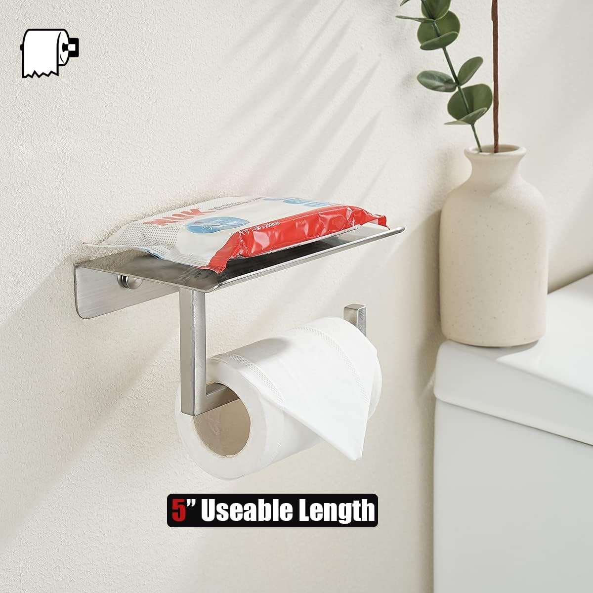 JQK Toilet Paper Holder Shelf, Bathroom Tissue Roll Holder with Phone Shelf, 5 Inch 304 Stainless Steel Tissue Paper Dispenser, Matte Black Wall Mount, TPH202-PB