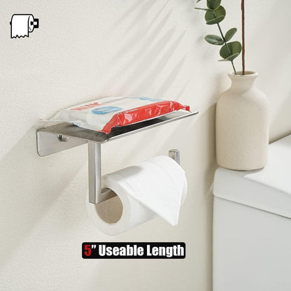 JQK Toilet Paper Holder Shelf, Bathroom Tissue Roll Holder with Phone Shelf, 5 Inch 304 Stainless Steel Tissue Paper Dispenser, Matte Black Wall Mount, TPH202-PB