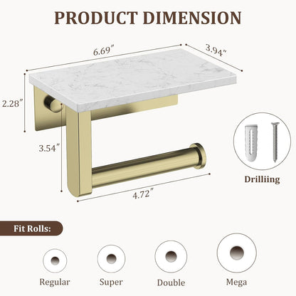 BWE Brushed Gold Toilet Paper Holder with Marble Shelf Wall Mounted | Toilet Paper Roll Holder with Phone Shelf 304 Stainless Steel Tissue Holder for Bathroom Washroom,Saving Space
