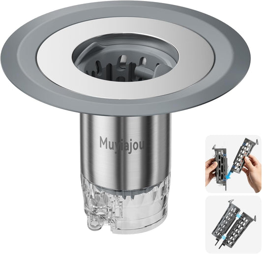 1.25"-2.6" Shower Drain Hair Catcher, Magnetic Floor Drain Stopper(1 Pack) | with Spare Filter Odor-Sealing Drain Plug with Auto-Closing Valve